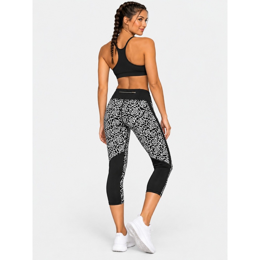 Lululemon Black White Geometric Rose Crop Leggings Back Zip Pocket Size 8